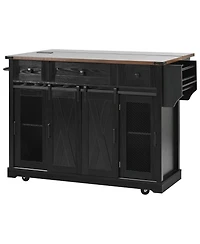 Streamdale Furniture 58inch Farmhouse Rolling Kitchen Island with Storage, Drop Leaf and Barn Doors
