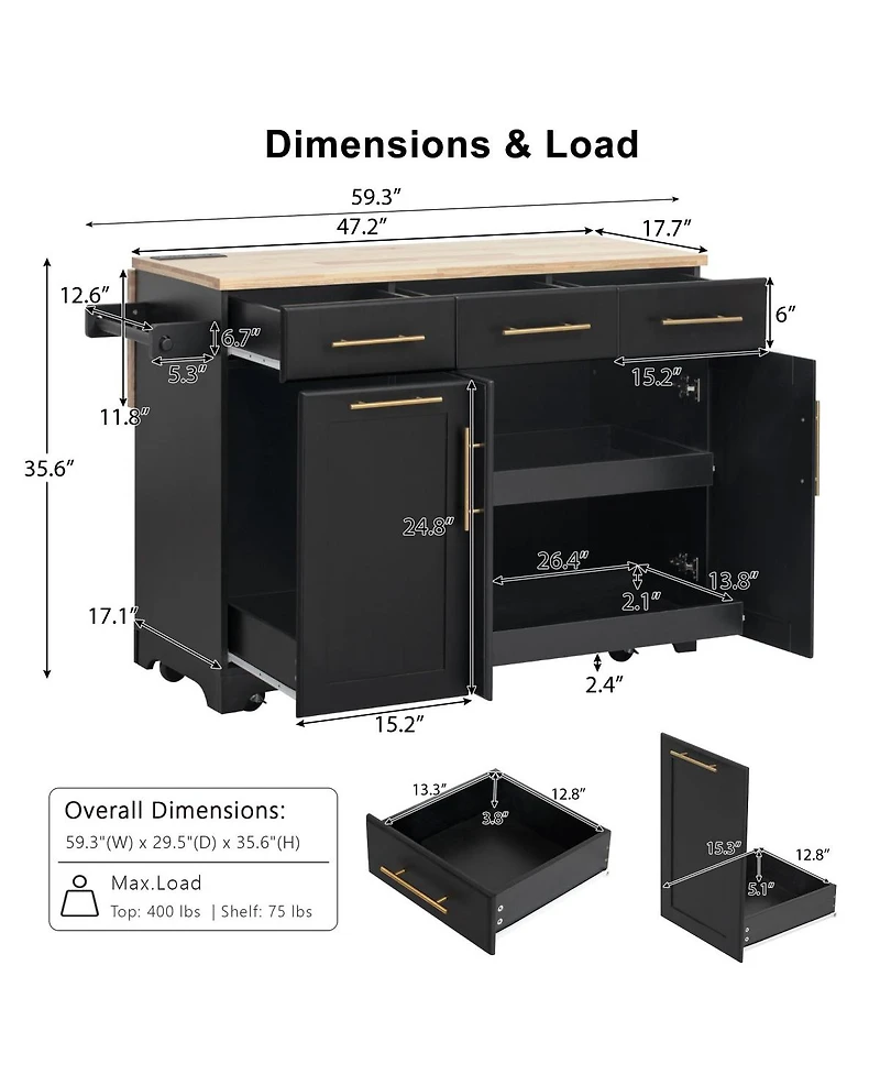 Streamdale Furniture 59.3inch Rolling Kitchen Island with Drop Leaf, Storage, and Power Outlet