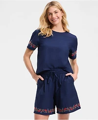 Lands' End Women's Poplin Embroidered High Rise 7" Pull On Shorts