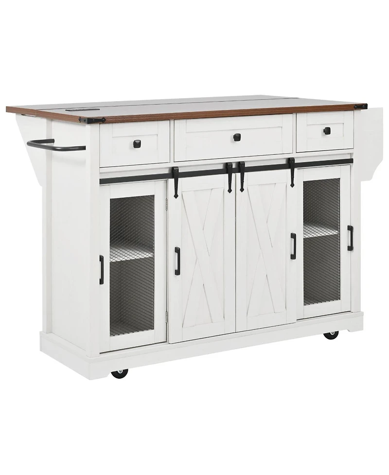 Streamdale Furniture 58inch Farmhouse Rolling Kitchen Island with Storage, Drop Leaf and Barn Door