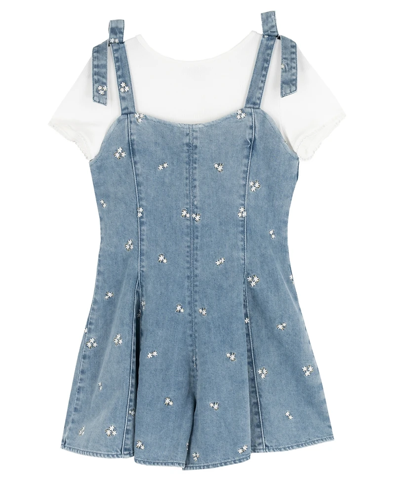 Rare Editions Girls' 7-16 T-Shirt and Embroidered Denim Bow Straps Panelled Romper, 2-Piece Set