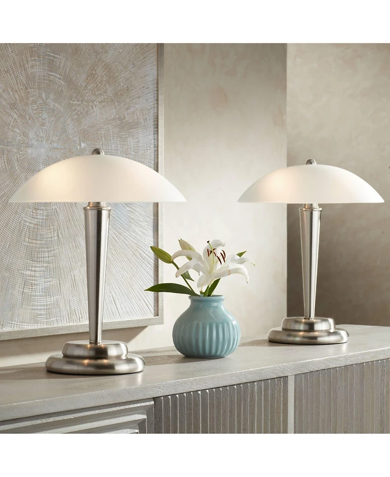 360 Lighting Deco Modern Accent Table Lamps 17" High Set of 2 Brushed Steel Touch On Glass Dome Shade for Bedroom Bedside Nightstand Office