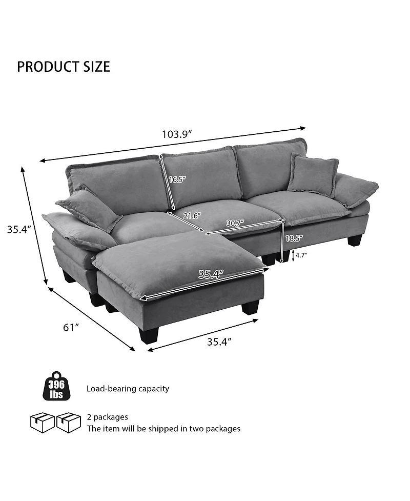 Streamdale Furniture Modular L-Shape Cloud Sofa with Ottoman and Pillows