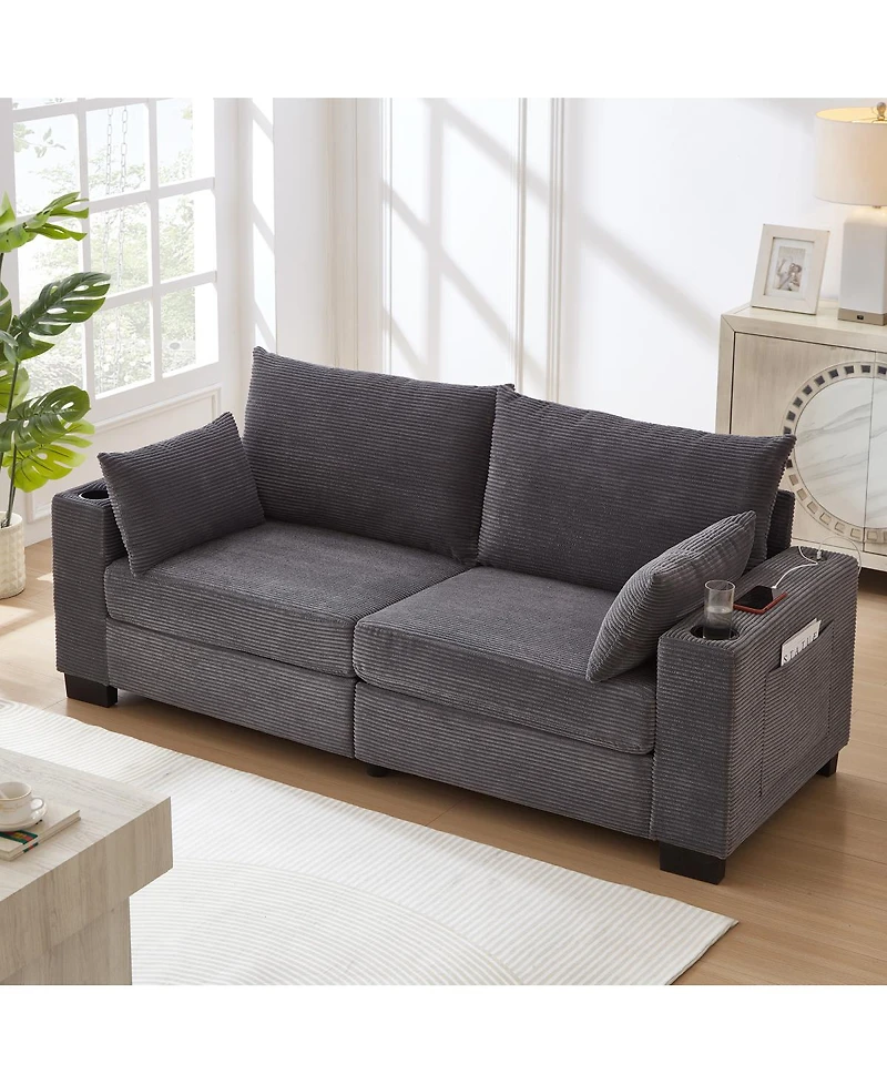 Streamdale Furniture 78" Modern Corduroy 3-Seater Sofa with Usb, Cup Holders, and Side Pocket