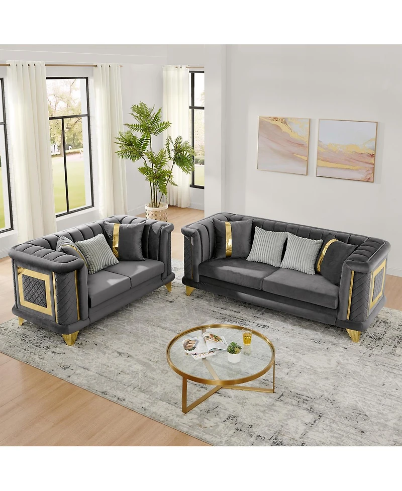 Streamdale Furniture 2 pieces Luxury Velvet Sofa Set with Gold Trim, 3-Seater and Loveseat