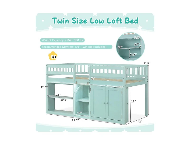Slickblue Kids Twin Loft Bed with Led Lights and Durable Wooden Frame for Small Spaces