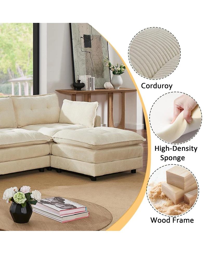 Streamdale Furniture 119" L-Shaped Corduroy Modular Sectional Sofa with Ottoman and Console