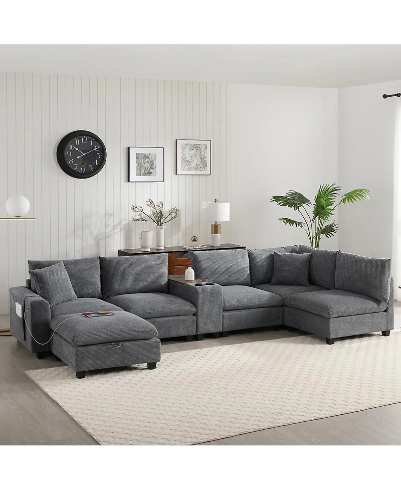 Streamdale Furniture 139'' U-Shaped Modular Corduroy Sectional Sofa with Storage and Usb Charger