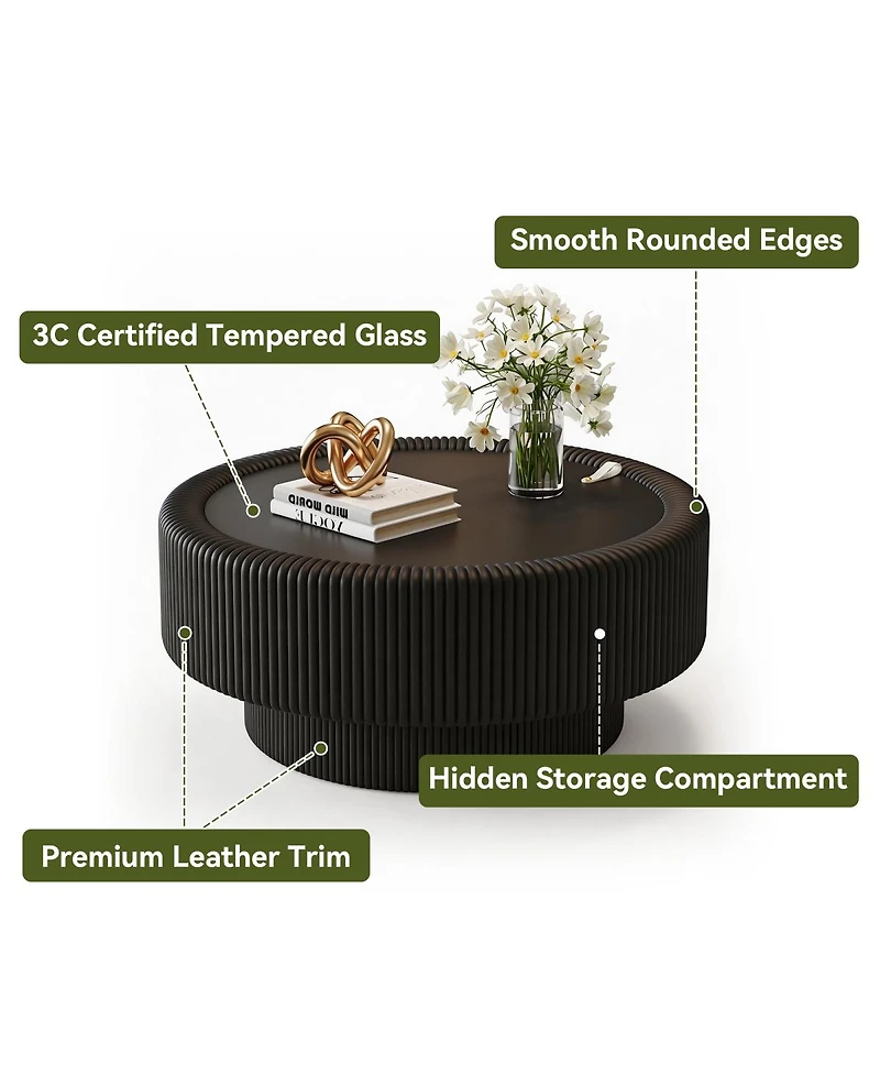 Streamdale Furniture 31.5" Fluted Round Leather and Glass Storage Coffee Table