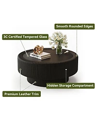 Streamdale Furniture 31.5" Fluted Round Leather and Glass Storage Coffee Table