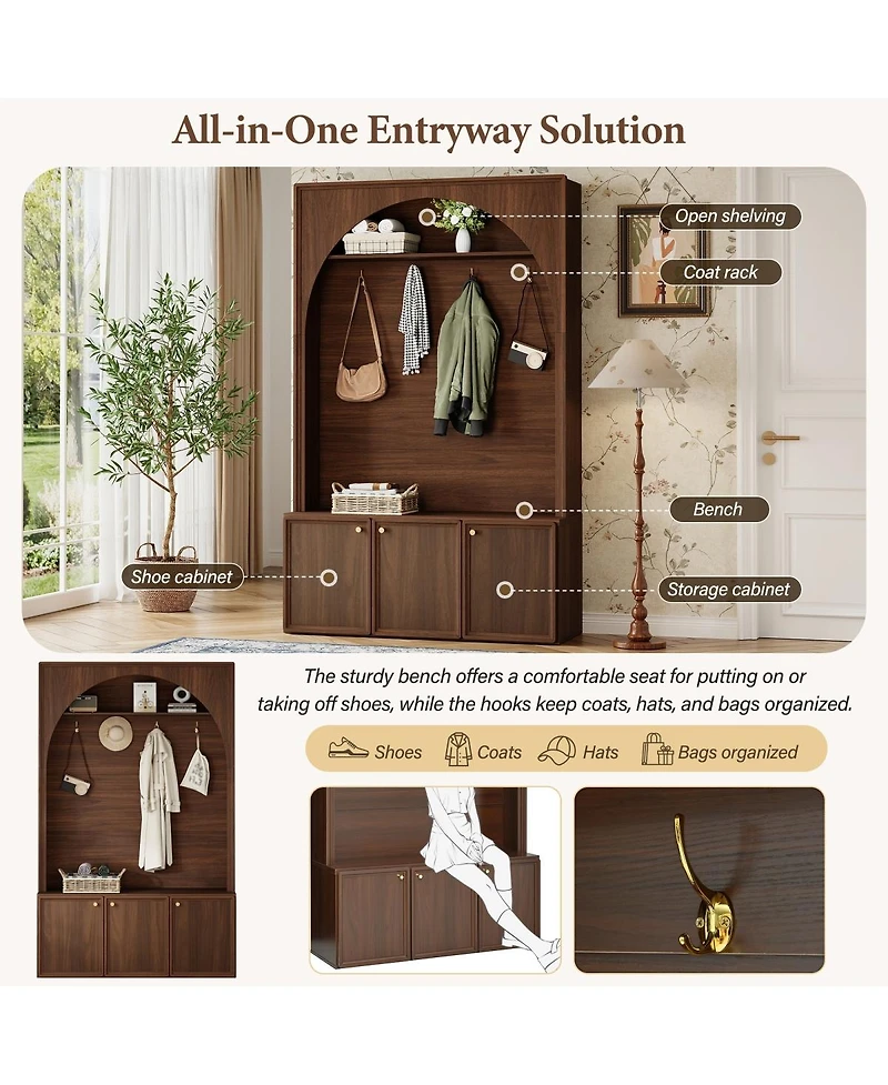 Streamdale Furniture Farmhouse Arched Hall Tree with Storage Bench and 4 Hooks