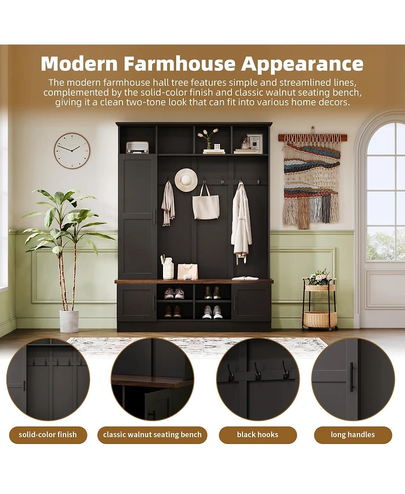 Streamdale Furniture 3-in-1 Farmhouse Hall Tree with Storage Bench and 6 Hooks, 55"W