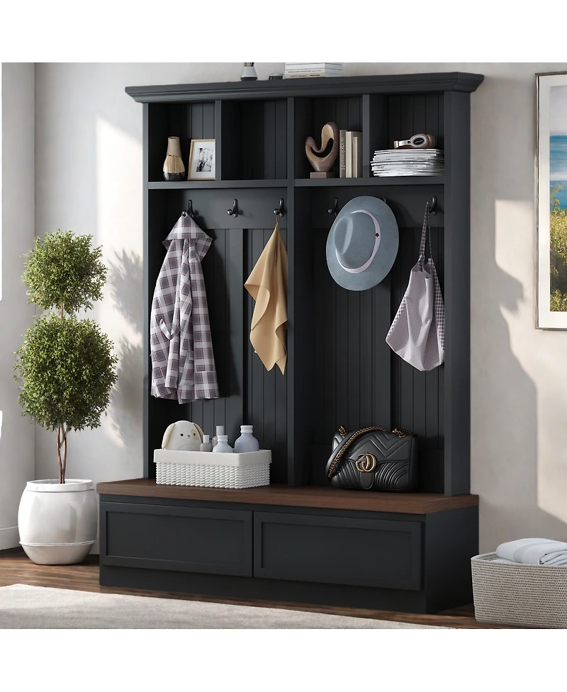 Streamdale Furniture Farmhouse 4-in-1 Hall Tree with Storage Bench and 2 Drawers
