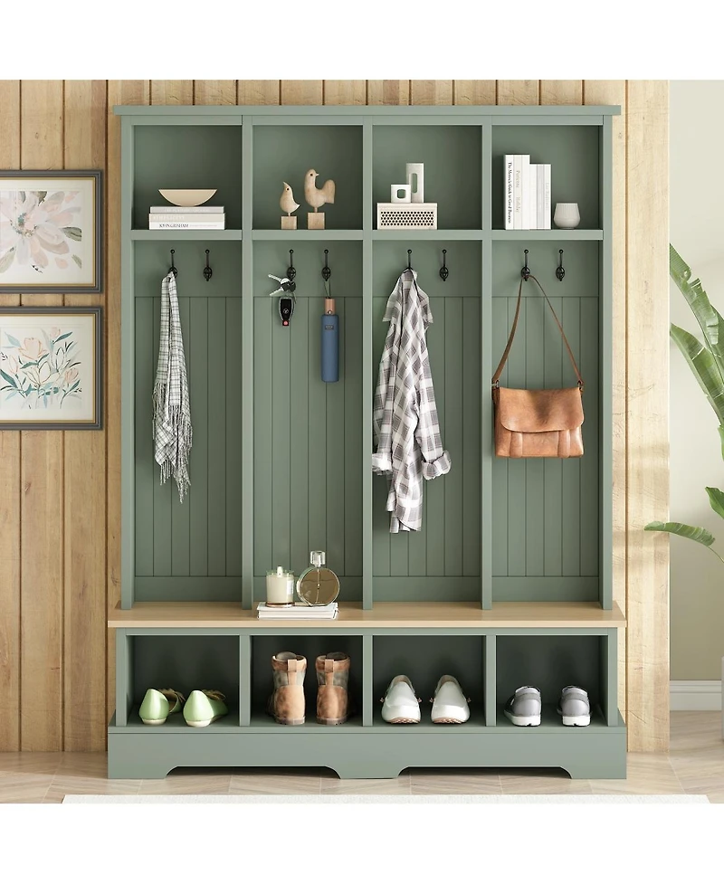 Streamdale Furniture Farmhouse 3-in-1 Hall Tree with 8 Hooks and Shoe Storage
