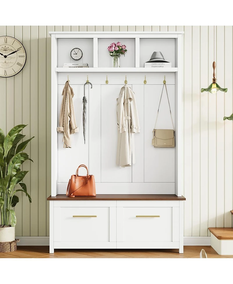 Streamdale Furniture 4-in-1 Hall Tree with Storage Bench, 6 Hooks, and 2 Drawers