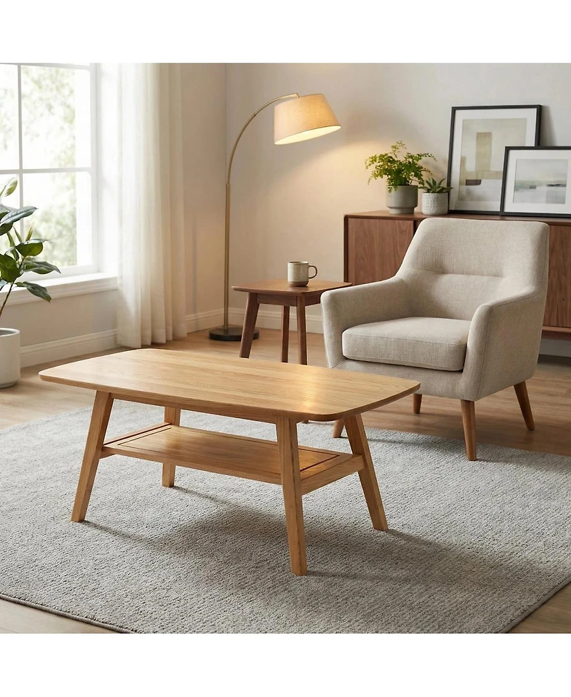 Streamdale Furniture Mid-Century Modern Solid Oak Coffee Table with Storage Shelf