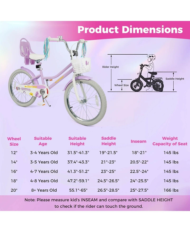 Costway Girls Bike, 20" Kids Bicycle with Basket, Doll Seat, Colorful Streamers, Reflectors