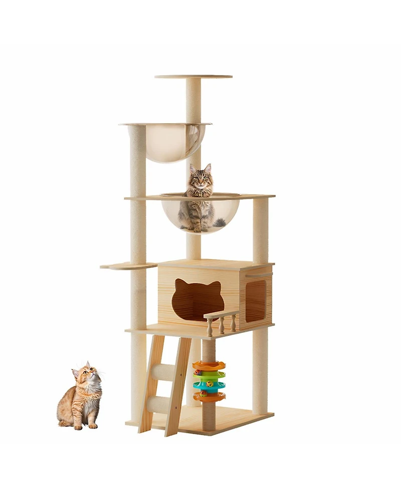 Streamdale Furniture 59" Modern Wood Cat Tower with Sisal Scratching Posts and Acrylic Hammock