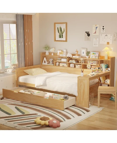 Streamdale Furniture Wooden Daybed with Storage Shelves, Drawers, and Study Desk
