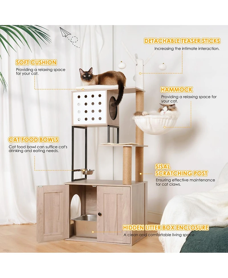 Streamdale Furniture Modern Cat Tree with Litter Box Enclosure and Scratching Posts