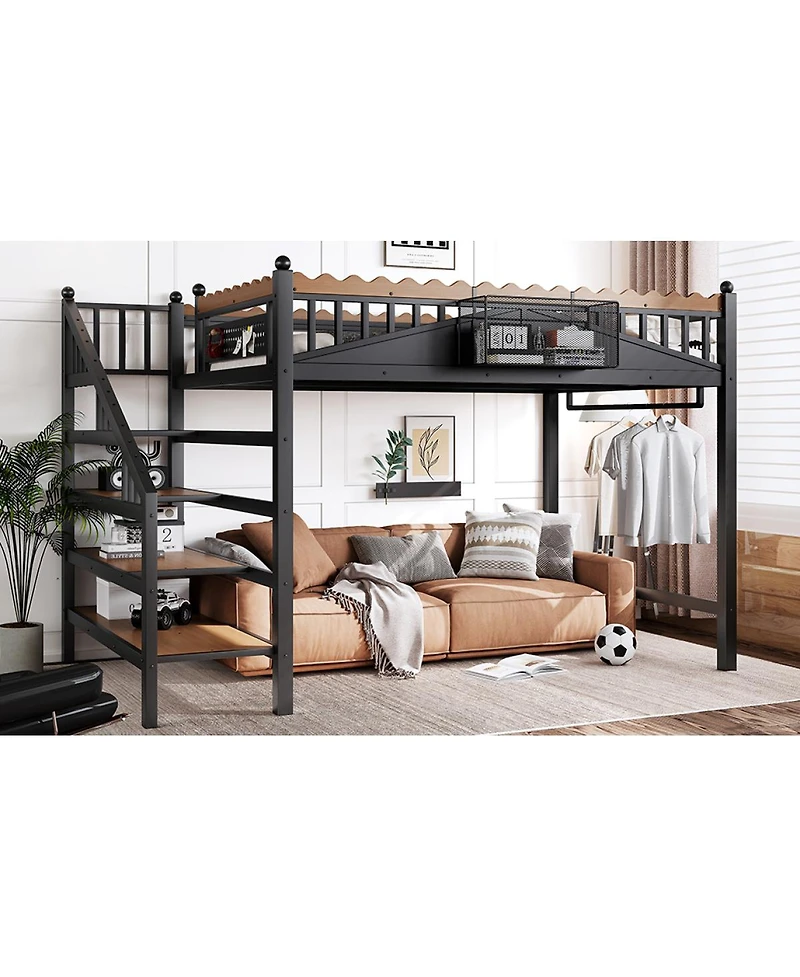 Streamdale Furniture Metal Loft Bed with Storage Stairs and Shelves