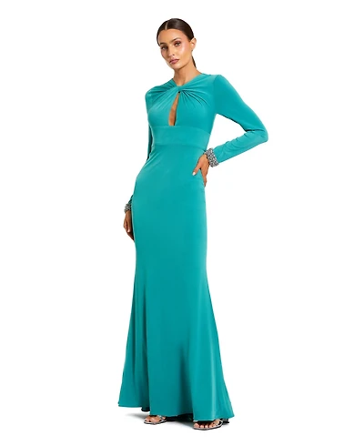 Mac Duggal Women's Jersey Long Sleeve Twist Neck Evening Gown
