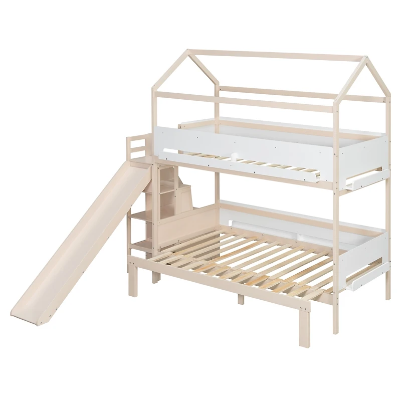 Streamdale Furniture House-Shaped Wooden Bunk Bed with Slide, Storage Stairs