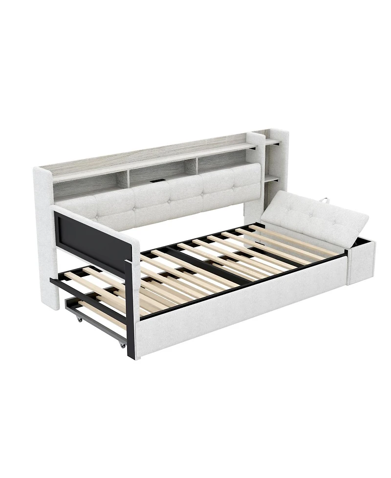 Streamdale Furniture Upholstered Daybed with Trundle, Storage, Usb and Led Lights