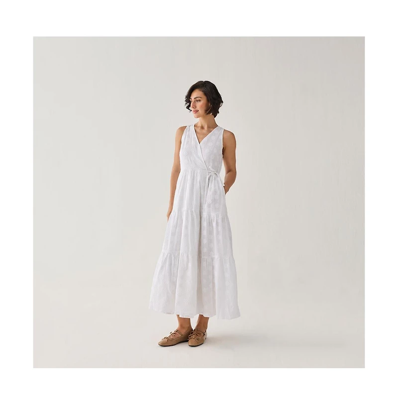 Reistor Women's Embroidered Cotton Tiered Wrap Maxi Dress