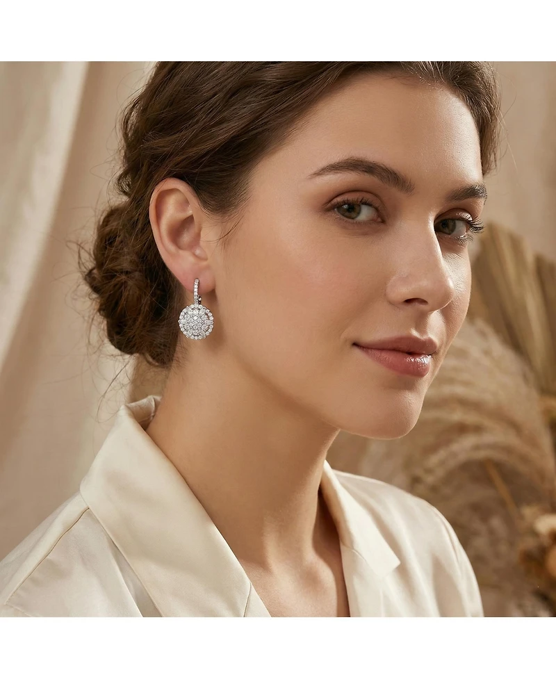 Rachel Glauber White Gold Plated Cz Flower Cluster Halo Dangle Earrings