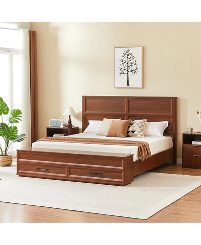 Streamdale Furniture Bed with 3D Geometric Headboard, 4-Drawer Storage and Bench