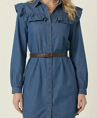 Modenaire Women's Ruffled-Collar Belted Shirt Dress