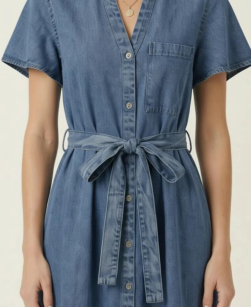Modenaire Women's Belted Denim Midi Shirt Dress