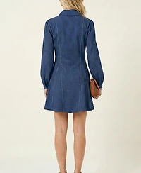 Modenaire Women's Long-Sleeve Denim Contrast-Stitch Shirt Dress