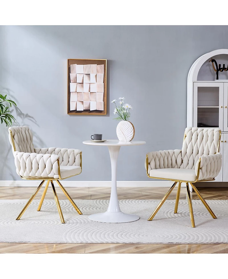 Streamdale Furniture Set of 2 Modern Velvet Braided Dining Chairs with Gold Metal Legs