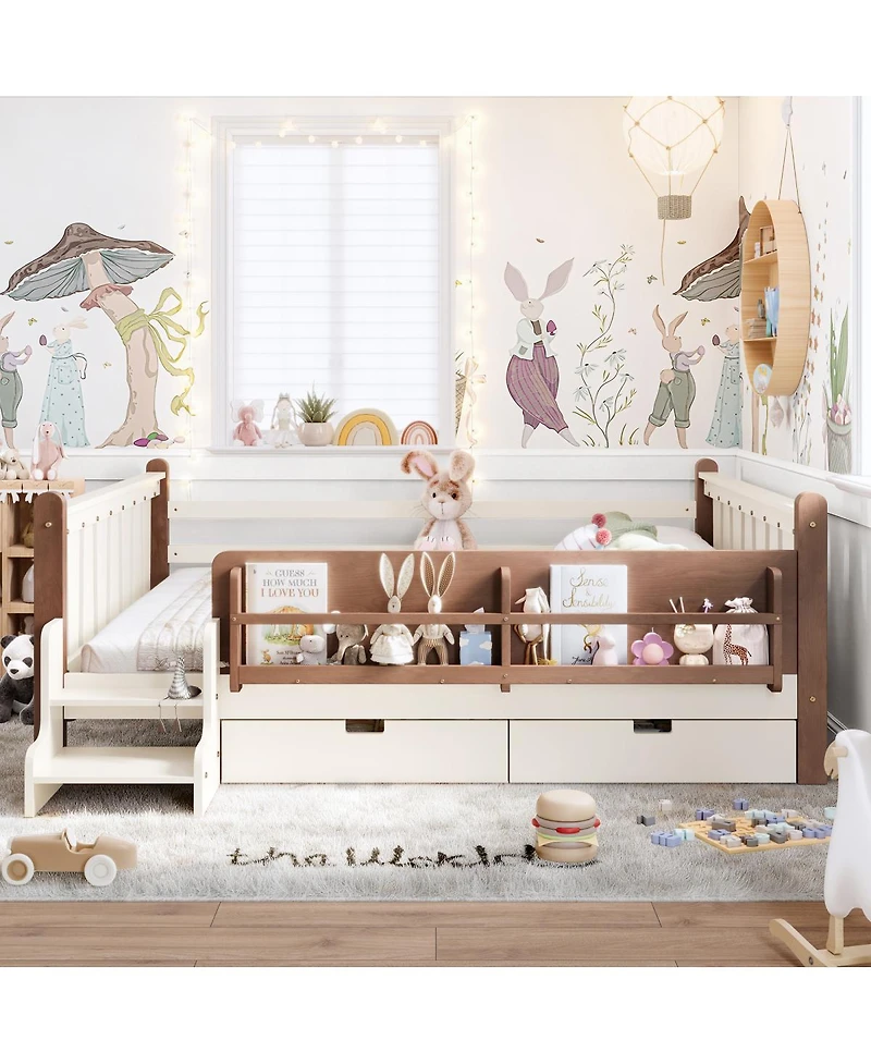 Streamdale Furniture Floor Bed with Storage Bookcases, Drawers, and Stairs