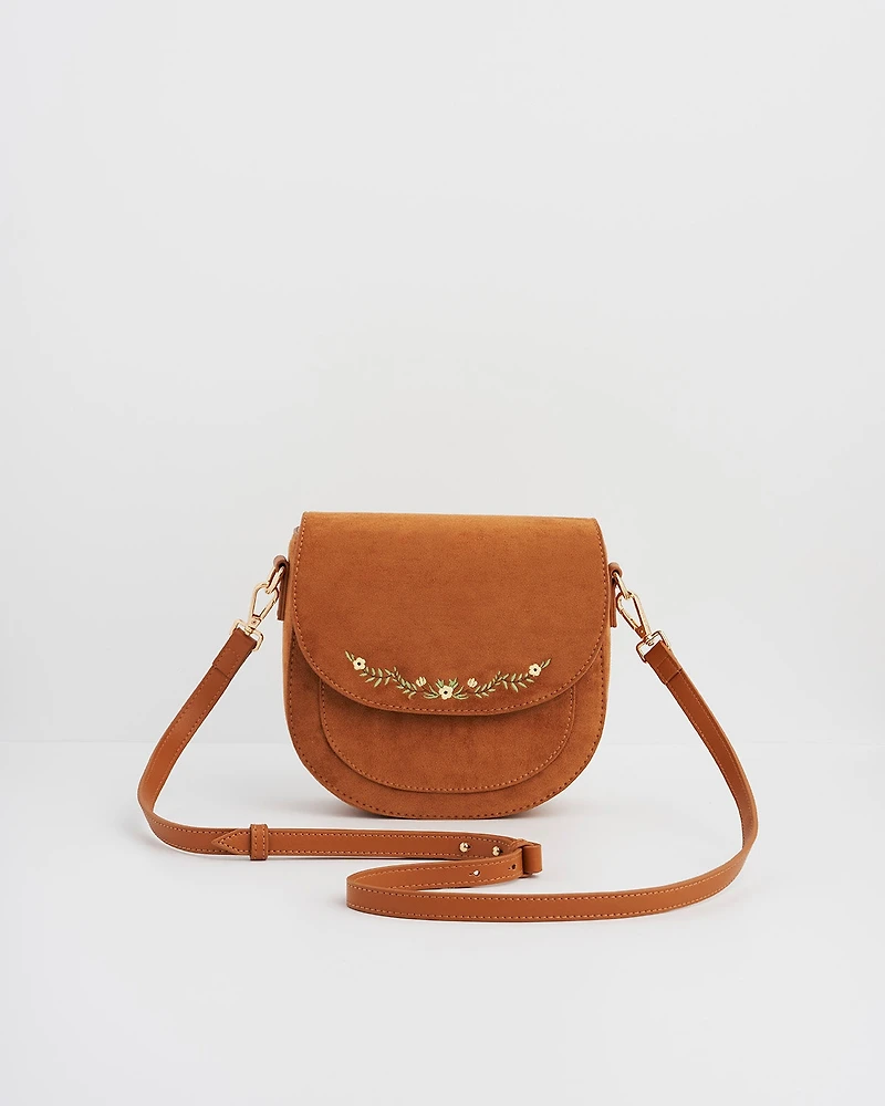 Fable England Women's Floral Faux Suede Embroidered Saddle Bag