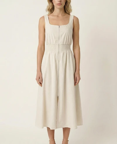 Modenaire Women's Sleeveless Smocked-Waist Front-Zip Slit Midi Dress