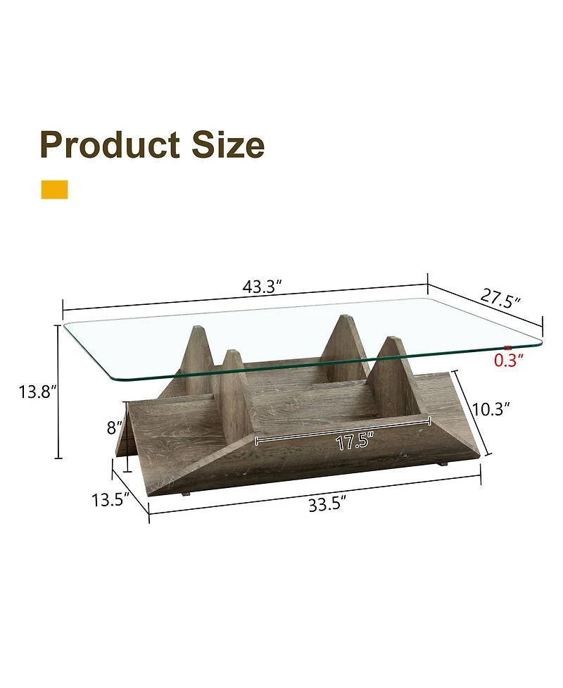 Streamdale Furniture Tempered Glass and Mdf Coffee Table with Carved Wood Grain and Storage