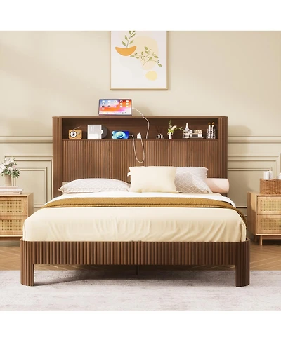 Streamdale Furniture Wave-Shaped Bed Frame with Storage and Charging Ports