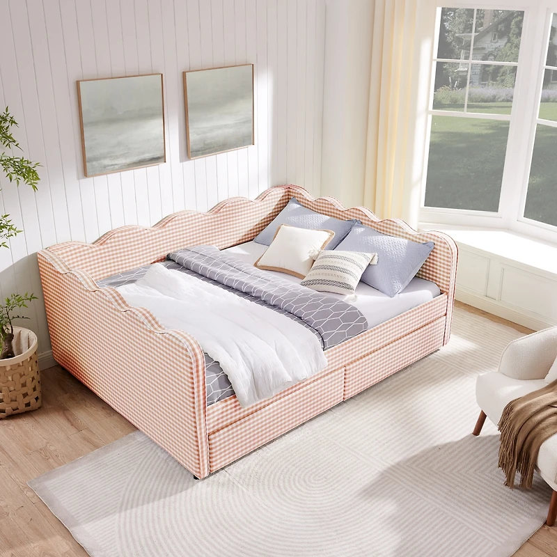 Streamdale Furniture Gingham Daybed with Storage Drawers, Usb Port and Wave Headboard