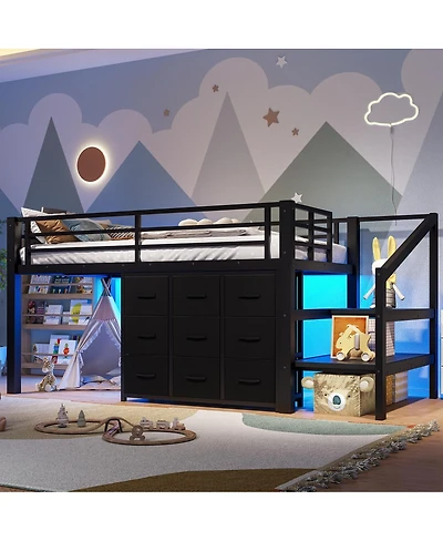 Streamdale Furniture Low Loft Bed with Storage Stairs, Fabric Drawers, and Shelves