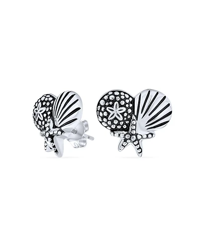 Bling Jewelry Tropical Vacation Beach Escape Sand Dollar Starfish Seashell Stud Earrings .925 Sterling Silver