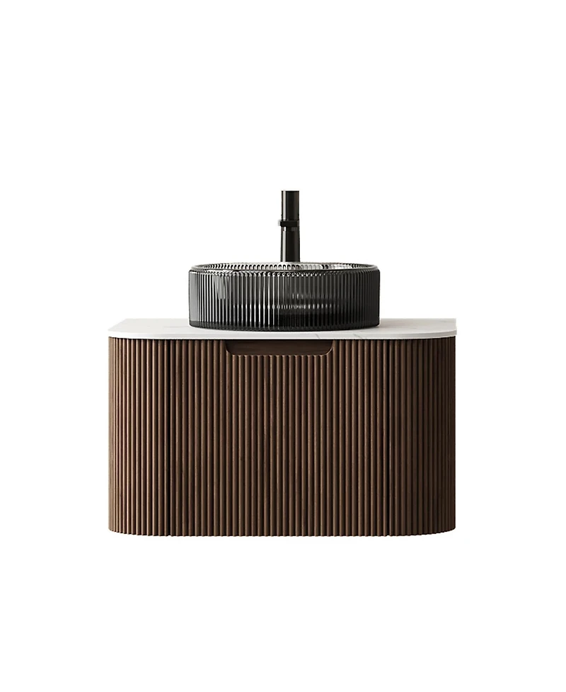Sillysis Wall Mounted Bathroom Vanity with Crystal Glass Vessel Sink, Wood Grain Cabinet