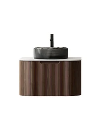 Sillysis Wall Mounted Bathroom Vanity with Crystal Glass Vessel Sink, Wood Grain Cabinet