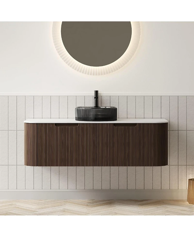 Sillysis Wall Mounted Bathroom Vanity with Crystal Glass Vessel Sink, Wood Grain Cabinet, Pre-assembled
