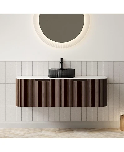 Sillysis Wall Mounted Bathroom Vanity with Crystal Glass Vessel Sink, Wood Grain Cabinet, Pre-assembled