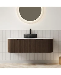 Sillysis Wall Mounted Bathroom Vanity with Crystal Glass Vessel Sink, Wood Grain Cabinet, Pre-assembled