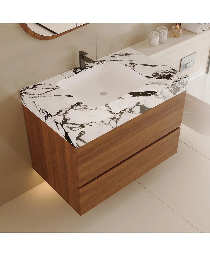 Sillysis Floating Bathroom Vanity with Faux Marble Top, Ceramic Undermount Sink and Soft-Close Drawers for Small Spaces