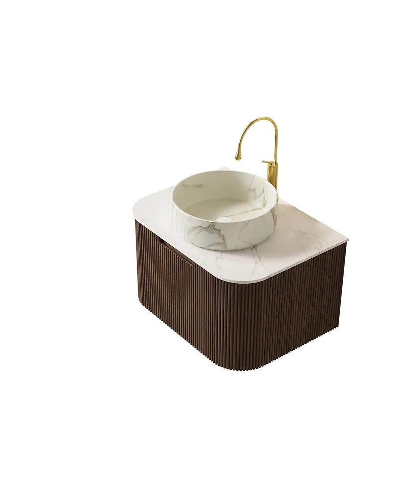Sillysis Wall Mounted Bathroom Vanity with Sintered Stone Top, Round Ceramic Basin, Stripe Drawer